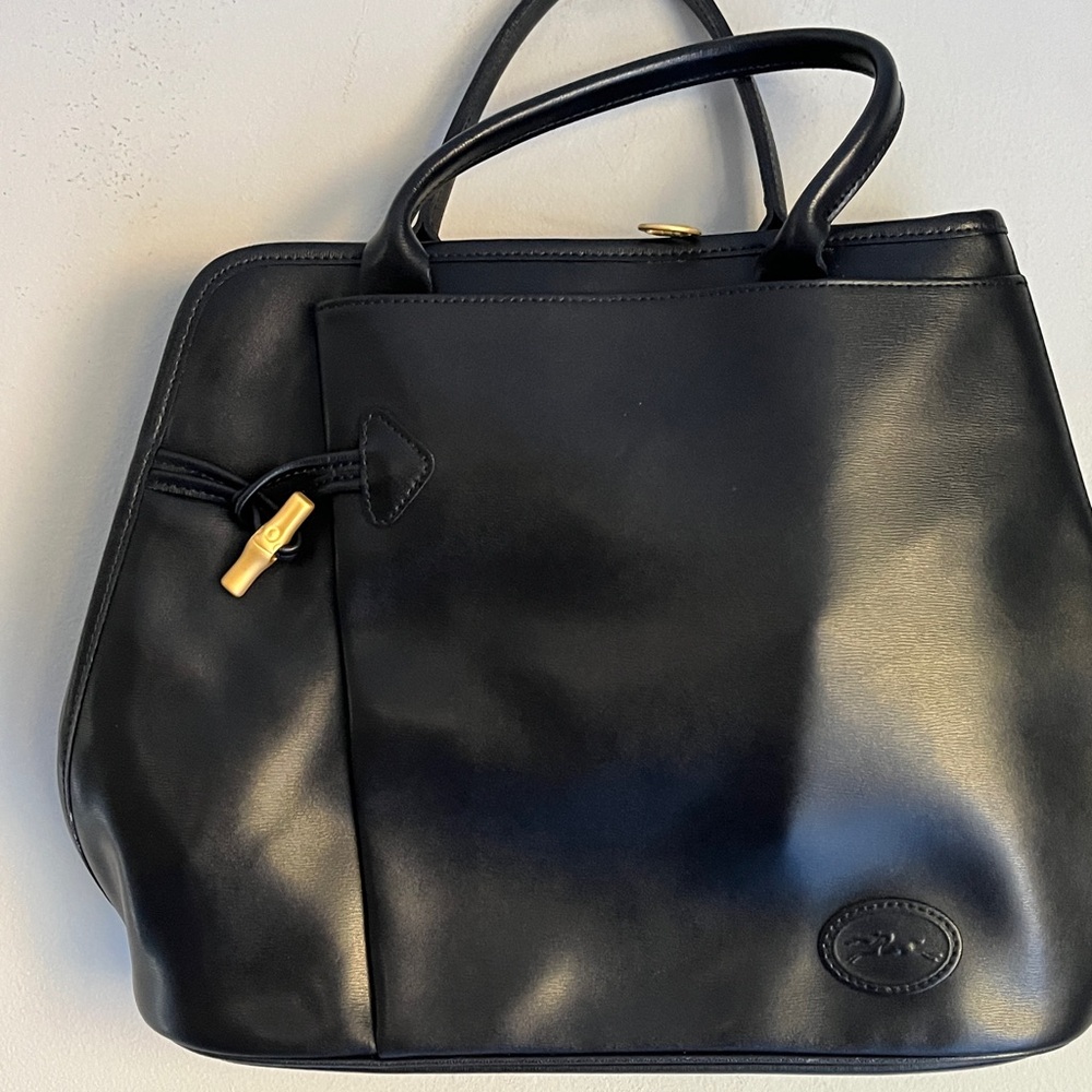 Longchamp Black Leather Satchel with Gold Accents